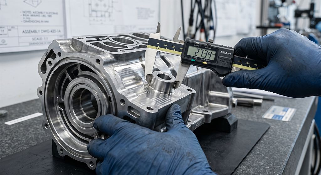 Checking machining tolerance of a custom aluminum CNC part using a digital caliper