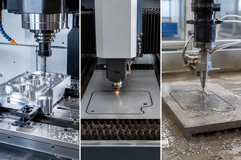 CNC machining, laser cutting and waterjet cutting processes for custom metal parts
