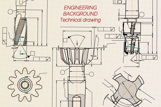 Mechanical engineering drawings on sepia background