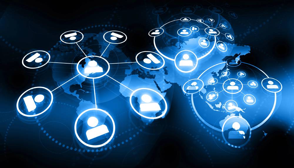 Schematic illustration of icons of devices connected in a network on a dark background for CNC Manufacturing Network