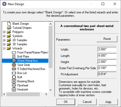 sheet metal box creator menu in eMachineShop CAD