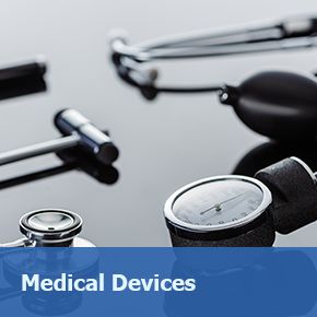 Selective focus of tonometer, reflex hammer and stethoscope on glass surface