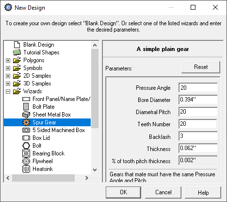 spur gear creator menu in eMachineShop CAD