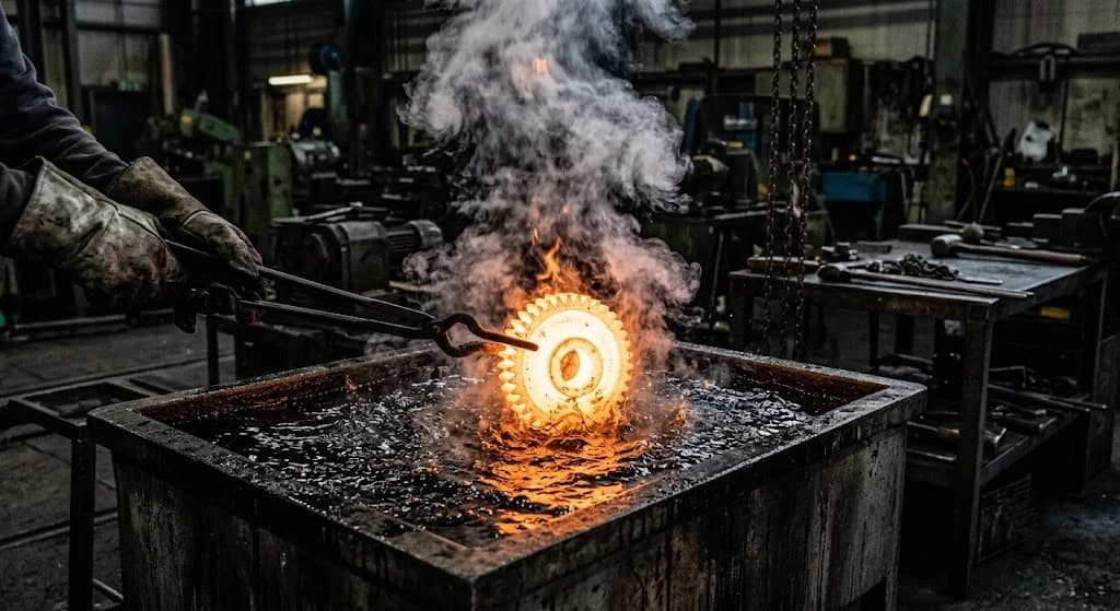 A glowing hot steel gear being quenched in oil during the heat treatment process.